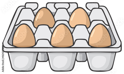 Half dozen fresh chicken eggs in a gray cardboard carton vector illustration