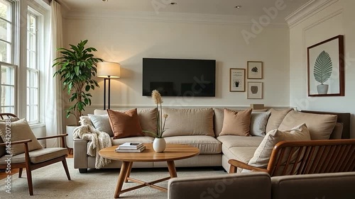 Wallpaper Mural Cozy living room with neutral tones, modern furniture, and a plant by the window, creating a serene atmosphere Torontodigital.ca