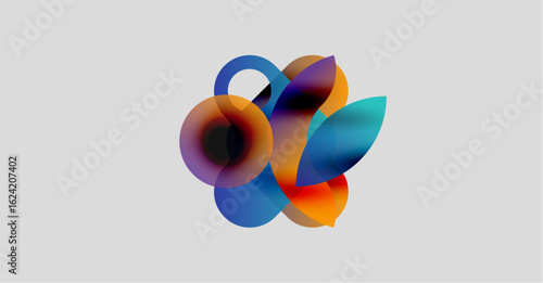 Abstract colorful shapes overlap, creating dynamic visual composition. Soft gradients suggest fluidity, light interaction. Minimalist background enhances focus.