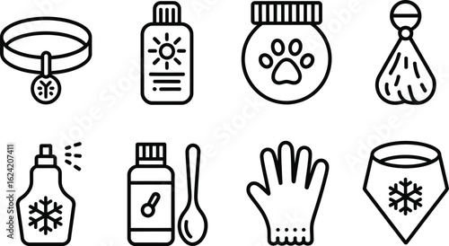 Outline Icons of Pet Supplies, Collar, Shampoo, Food, Spray, Medicine, Glove & Bandana