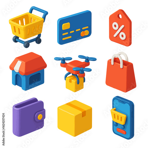 Vibrant 3D icons showcasing modern e-commerce, delivery, and shopping concepts for digital use