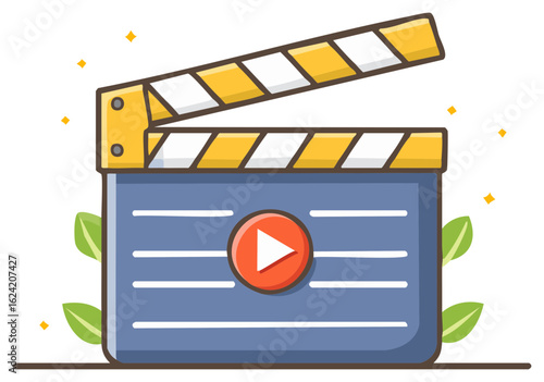 Retro film clapboard with play button and green leaves in cartoon style