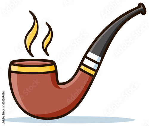 Cartoon smoking pipe with wisps of smoke and a curved stem