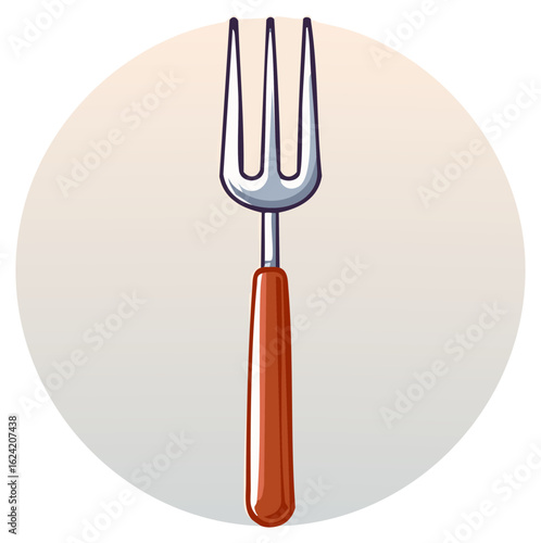 Stylized illustration of a dining fork with a brown handle and three tines. Cartoon kitchen utensil icon.