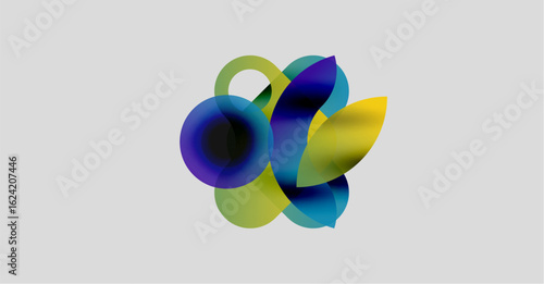 Abstract colorful shapes overlap, creating dynamic visual composition. Soft gradients suggest fluidity, light interaction. Minimalist background enhances focus.