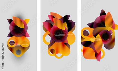 Abstract floral shapes, vibrant colors, overlapping layers. Modern design elements create dynamic visual impact. Backgrounds appear neutral, clean.