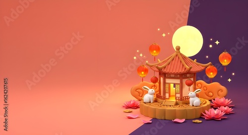 Wallpaper Mural Whimsical 3D scene celebrating the Mid-Autumn Festival with jade rabbits, lanterns, and a mooncake pavilion under a glowing moon Torontodigital.ca