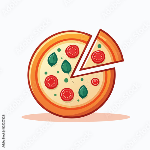 A cartoon illustration of a pizza with a slice removed, showcasing tomato and basil toppings.