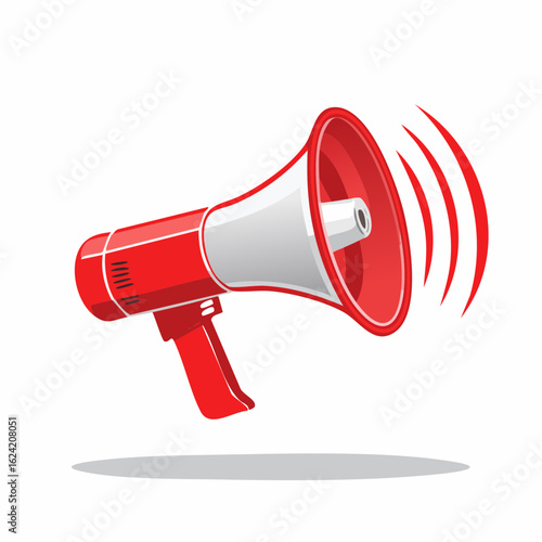 Red and white megaphone illustration with sound waves emanating from the speaker.