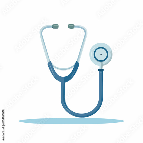 A blue stethoscope with white accents rests on a white background, casting a subtle shadow.