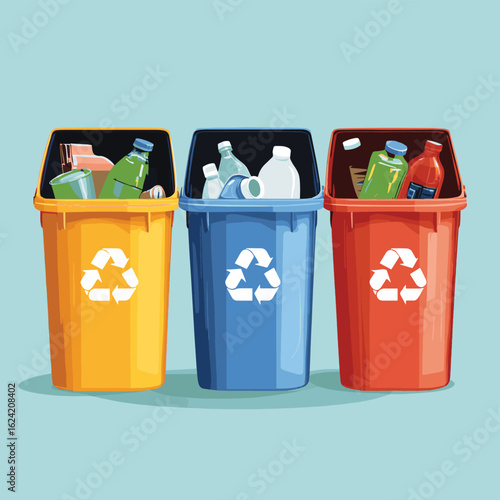 Waste management, recycling, and disposal concept with a full garbage bin, vector style simple color