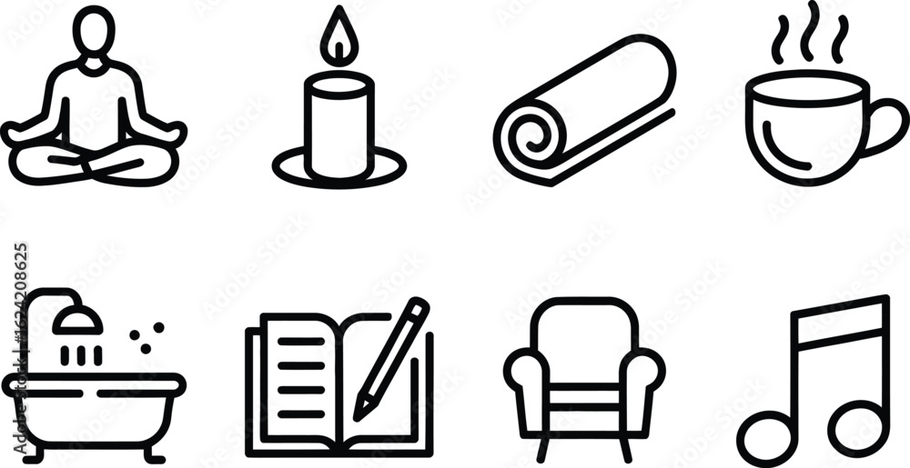 Relaxation Icon Set Meditation Pose, Candle, Rolled Mat, Coffee, and More in Line Style Relaxation Icon Set Meditation Pose, Candle, Rolled Mat, Coffee, and More in Line Style