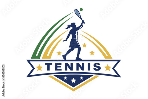 Dynamic silhouette of a female tennis player in action with a winning smash and colorful streaks