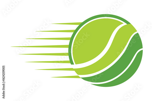 Green tennis ball with motion blur streaks indicating speed and fast movement on a white background