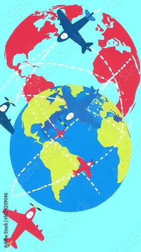 Animation starts with a white airplane appearing next to a spinning 3D globe. As the animation progresses, the airplane flies in a circular path around the globe, leaving a dotted trail behind it.