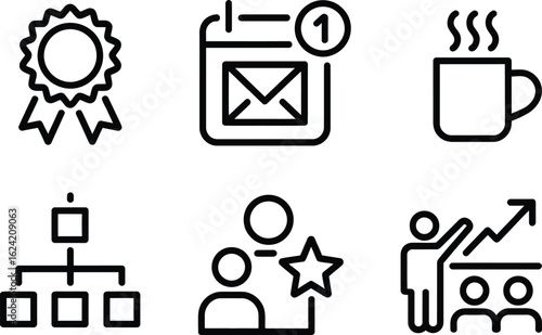 Set of business linear icons, badge, email, coffee, organization, team, growth icon
