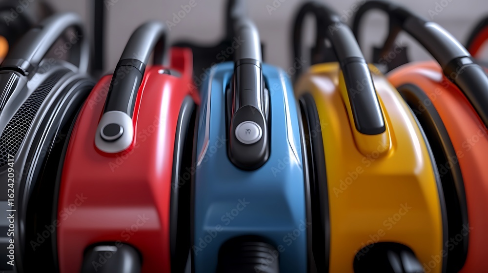 Fototapeta premium Vacuum cleaners of different types and colors arranged in a row