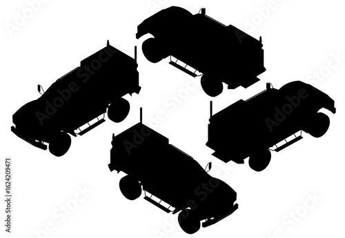 Four black armored police truck silhouettes stand in a row on a clean white background. The vehicles have a strong, imposing presence with sharp outlines and no details.