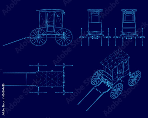 A detailed blueprint of a horse-drawn carriage features intricate wireframe design on a striking blue background. The retro cart showcases precise construction elements with clear visibility.