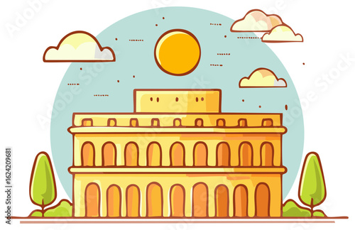 Cartoon illustration of an architectural structure with sun, clouds and trees.