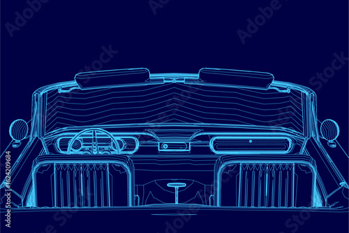 A sleek blue convertible with its hood open reveals the detailed engine compartment. The deep blue background enhances the car's modern contour and stylish design.