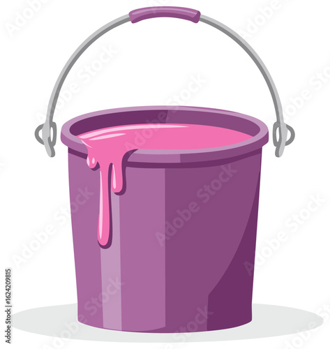 Purple cartoon bucket filled with dripping pink paint illustration