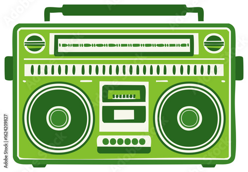 Retro green boombox with handle for portable audio entertainment, listening to music, or broadcast radio.