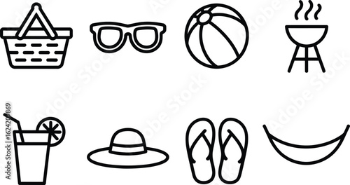Simple Summer Vacation Outlines with Beach Ball Sunglasses and Picnic Basket