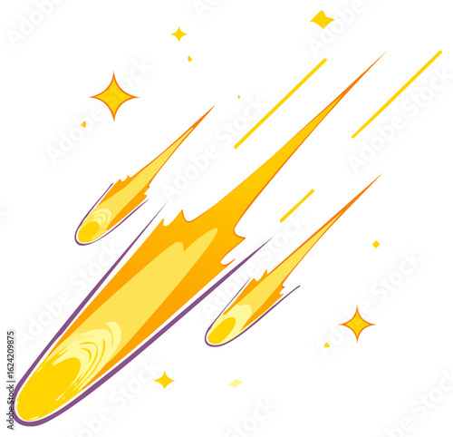 Three Stylized Meteors Streaking Through Space with Star Accents in a Cartoon Style Design