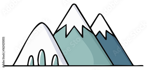 Stylized cartoon illustration of a snow capped mountain range in cool blue tones