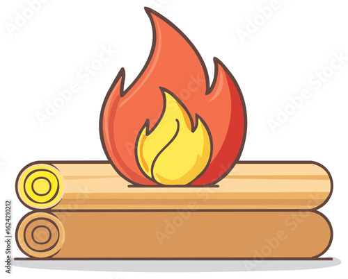Campfire with Bright Flames Burning on Logs for Outdoor Recreation and Adventure, Cartoon Style Illustration