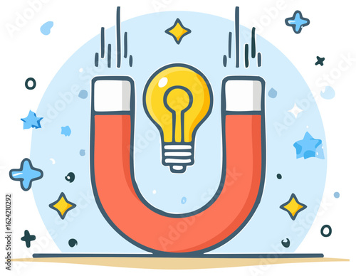 Cartoon magnet attracting bright light bulb. Concept for idea and innovation.