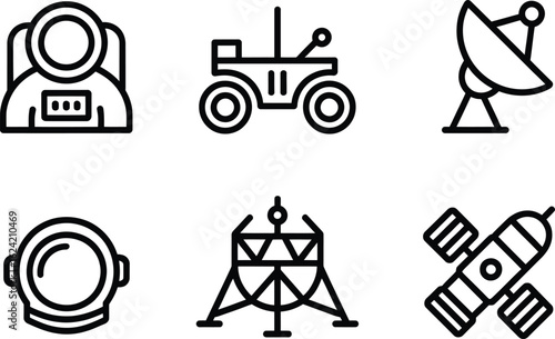 Space Exploration Icon Set Astronaut, Rover, Antenna, Lander, and Satellite