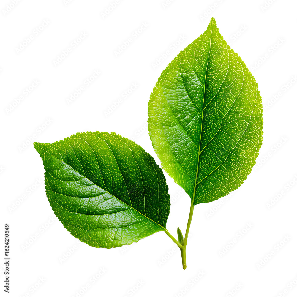 Fototapeta premium Two vibrant green leaves on a white background