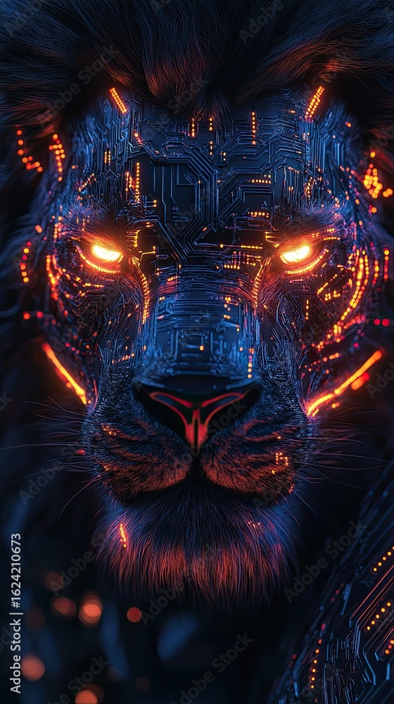 Futuristic lion head with circuit board patterns and glowing lights Futuristic lion head with circuit board patterns and glowing lights