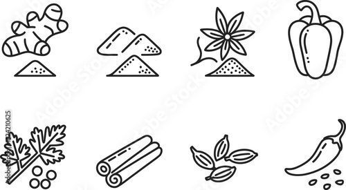 Spice Herbs Outline Set on Transparent Background, Ingredient Icons
