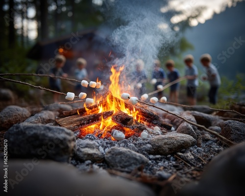 Kids roasting marshmallows over campfire