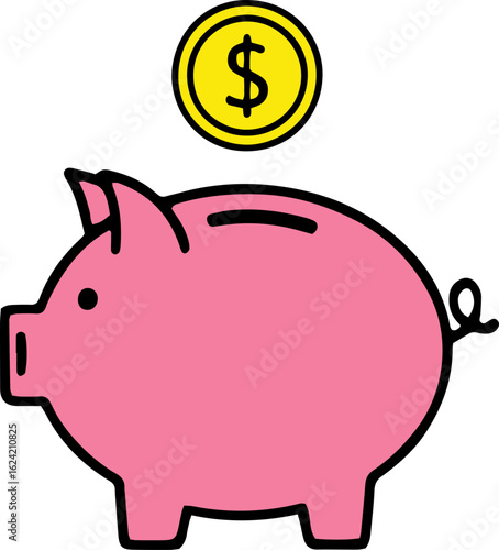 Piggy bank savings icon with a golden dollar coin.