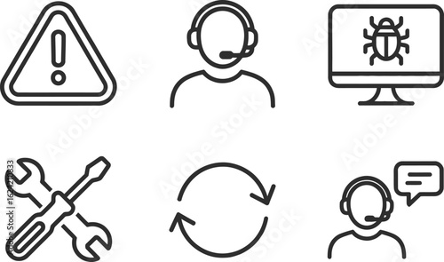 Support Outline Icons Set with Exclamation Mark, Headset, Bug, Tools and Speech Bubble