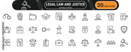 Line icons representing legal law, justice scales, courtroom, prosecutor, judge and legal documentation symbols