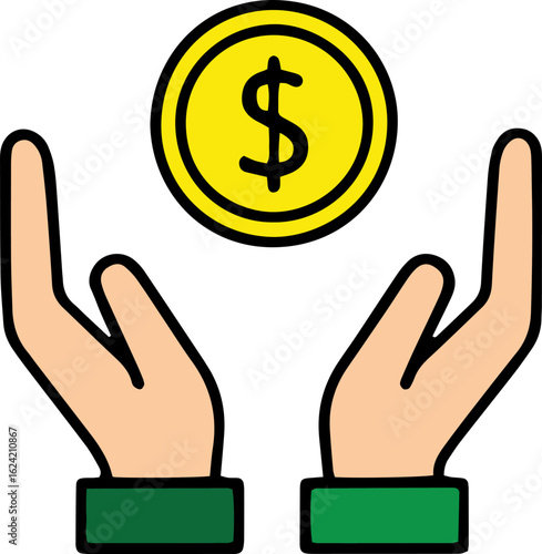 Hands holding a gold coin, a finance concept icon.