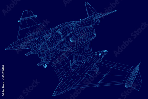 A 3D wireframe model of a combat fighter jet displays intricate blueprint details on a solid blue background. The design highlights aerodynamic contours, weapon placements, and structural framework.