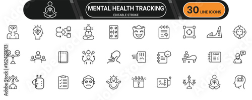 Line icons for mental health tracking apps, mood logging, therapy sessions, emotional support and wellness monitoring