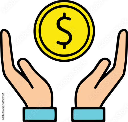 Hands holding a dollar coin, a financial icon concept