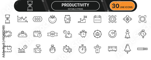 Line icons for productivity timers and focus apps, task tracking, time management and focus boost features