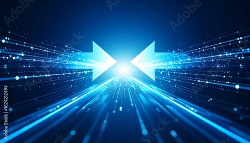 Two bright blue arrows converge at a vanishing point on a dark blue digital background of light streaks