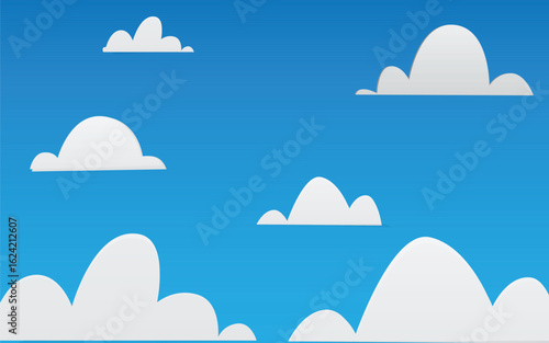 A whimsical and clean cartoon background featuring stylized white clouds against a bright, gradient blue sky. Ideal for children's books, website banners, and promotional content.
