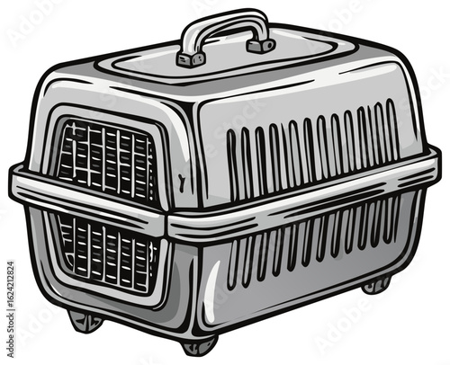 Cartoon style pet carrier, grey with handle, vent and feet.