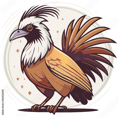 Stylized brown and white bird with feathered crest and elaborate tail standing proudly