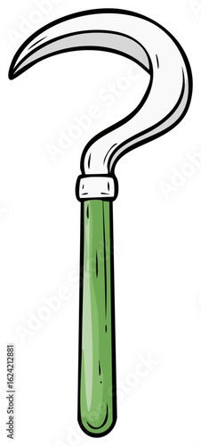 Illustrated farming sickle with a curved metal blade and green handle